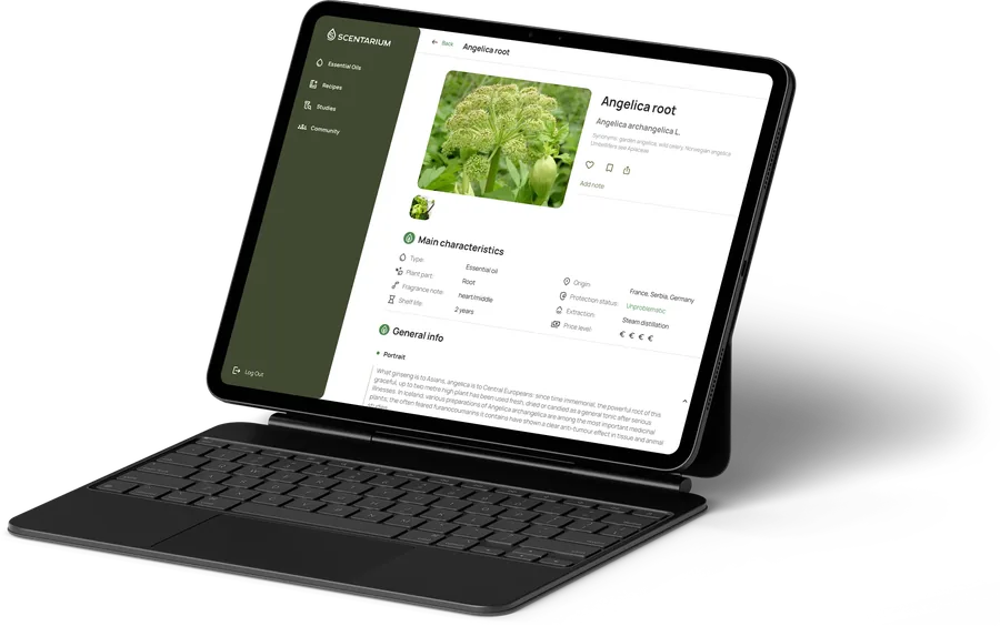 Scentarium open on an iPad, showing an essential oil profile