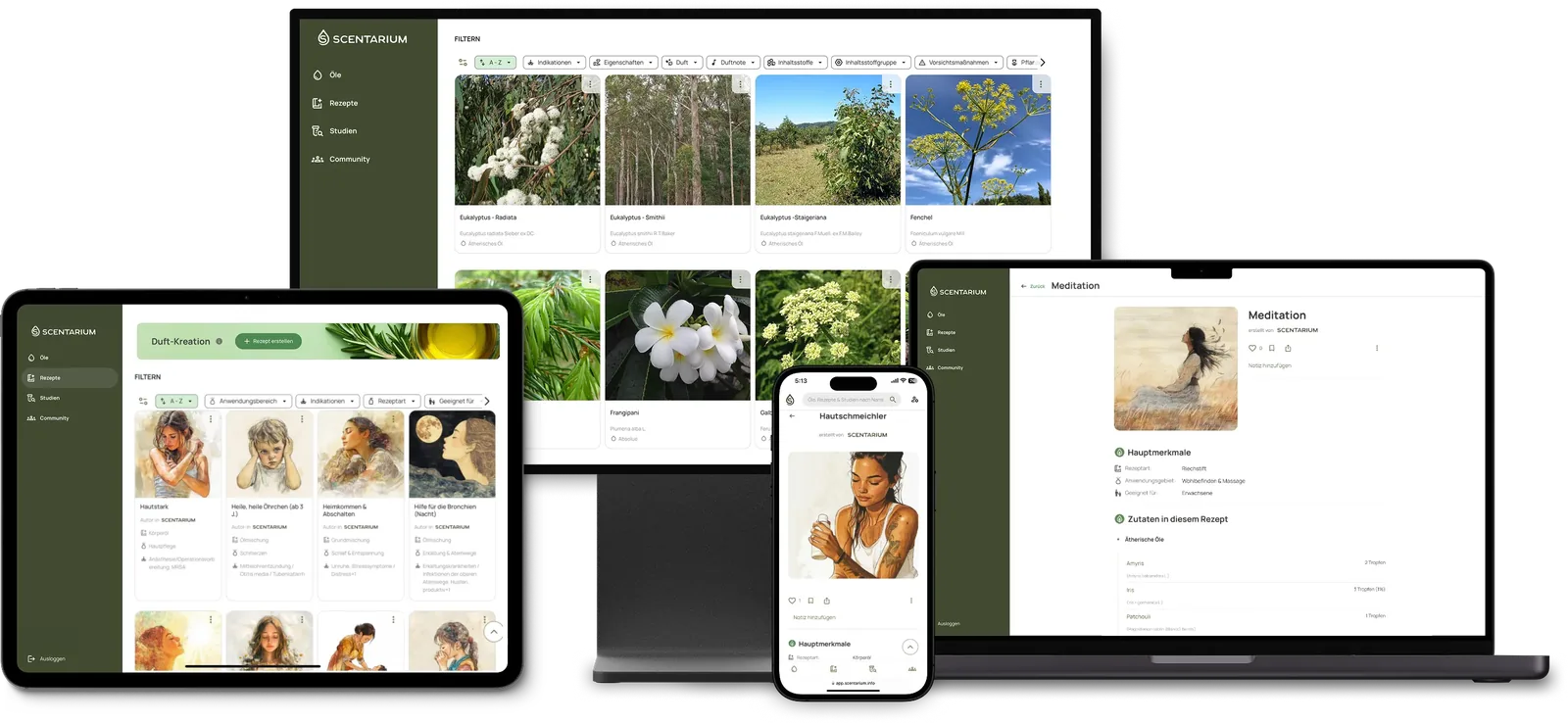 Scentarium auf iPad, iPhone und MacBook mit der Ölbibliothek und einer Detailansicht